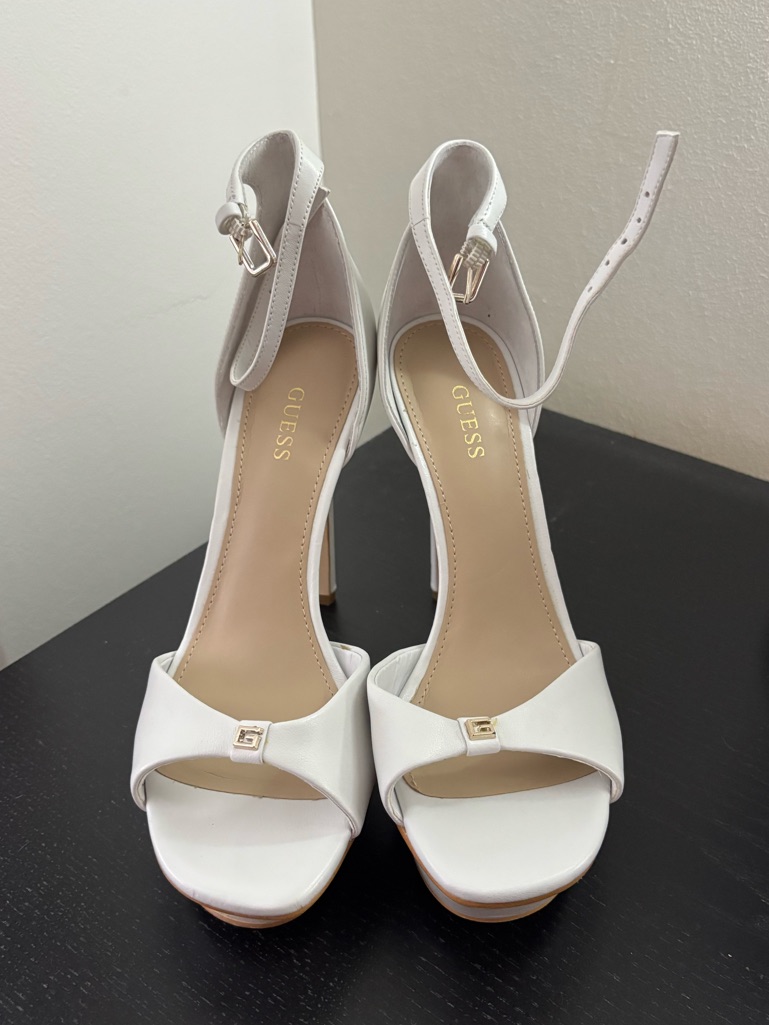 Guess Ellsyn Dress Sandals Women's White Ankle-Strap Open-Toe Platform Heels